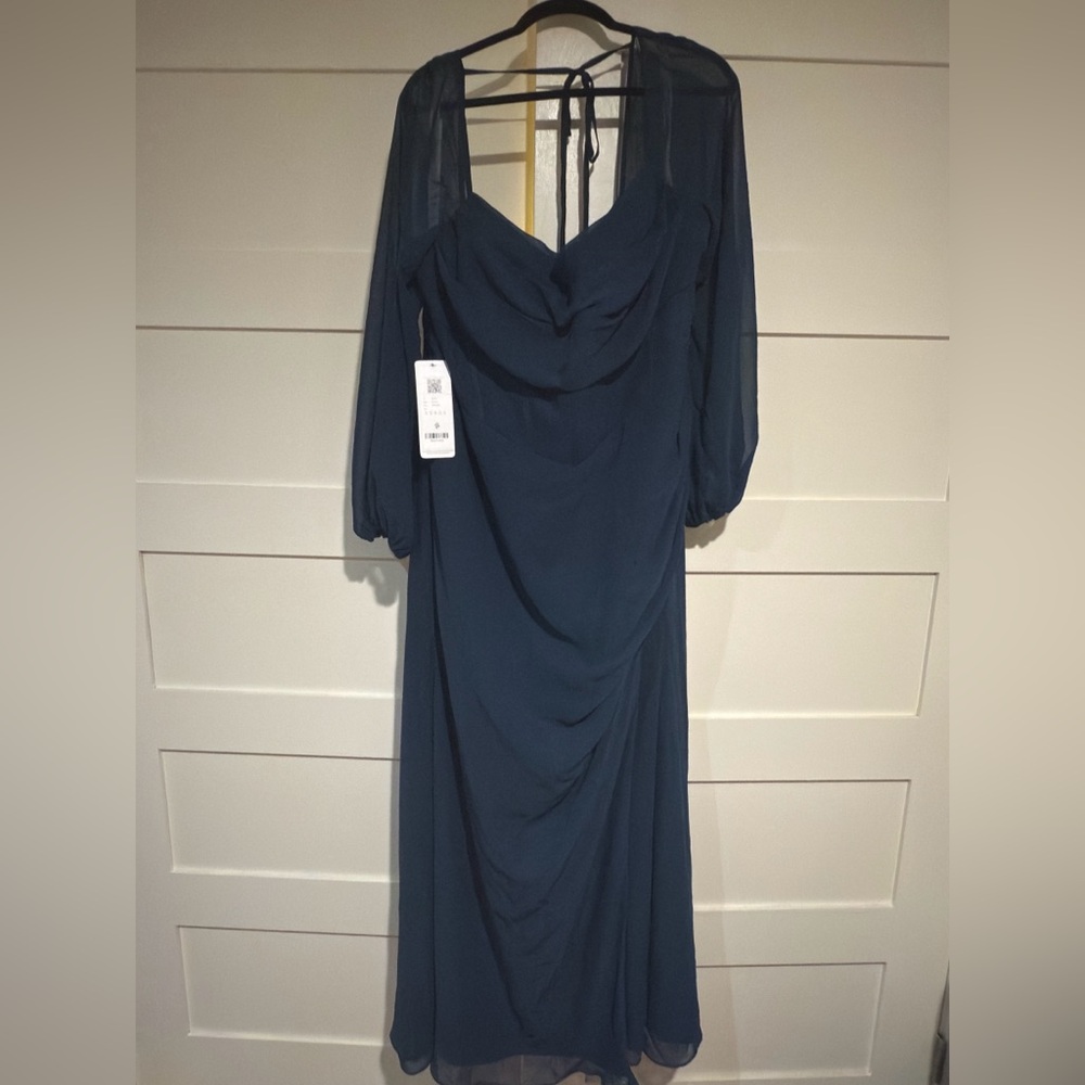 Azazie Navy Cowl-Neck Maxi Dress with Sheer Long Sleeves
